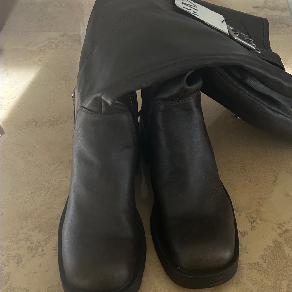 Zara Dark Brown Leather Boots with Buckle